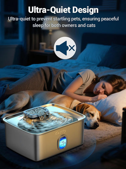 Top down view of stainless steel dog water dispenser basin