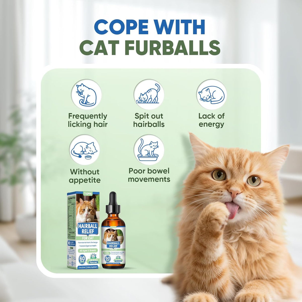 Back label of CPFK hair ball control drops displaying natural ingredients like psyllium husk.