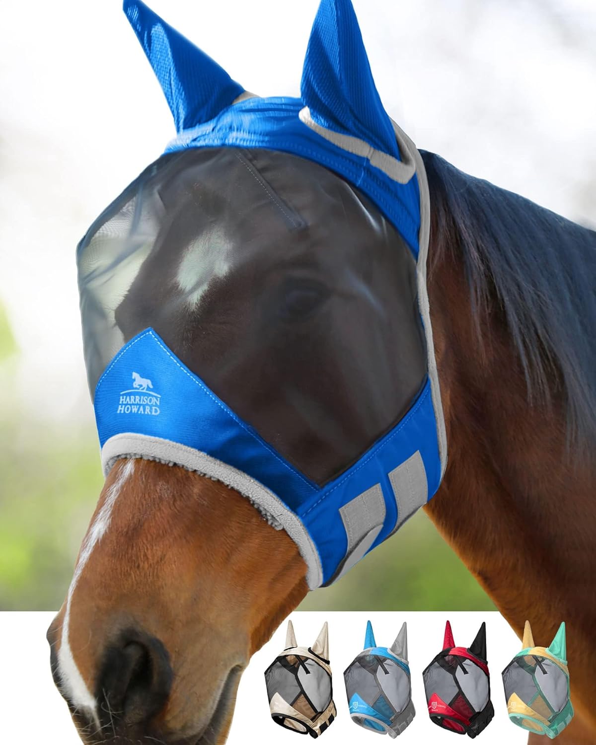 Harrison Howard Pro Luminous Horse Fly Mask Large Eye Space Half Face with Ears UV Protection for Horse Coral Orange/Navy M - Image 10