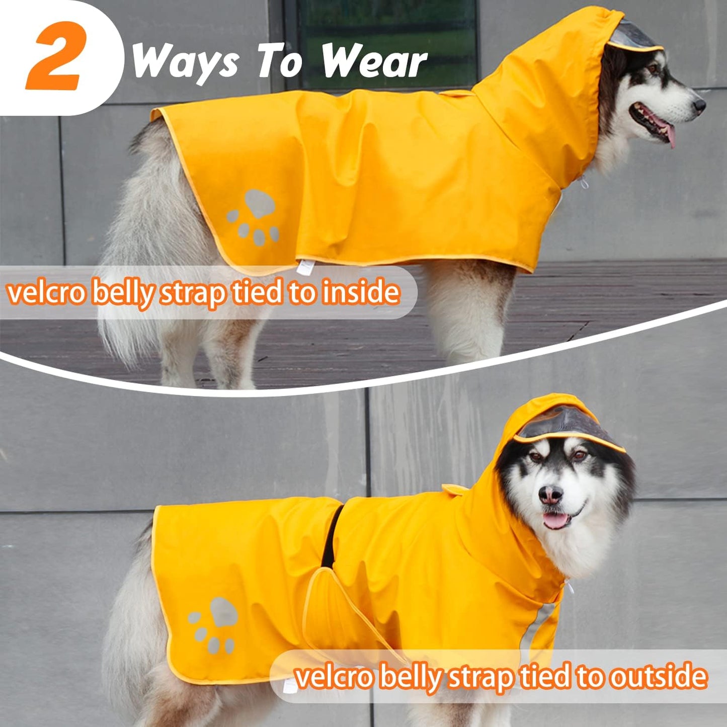 Reflective safety straps on a lightweight pet dog poncho for night walking.