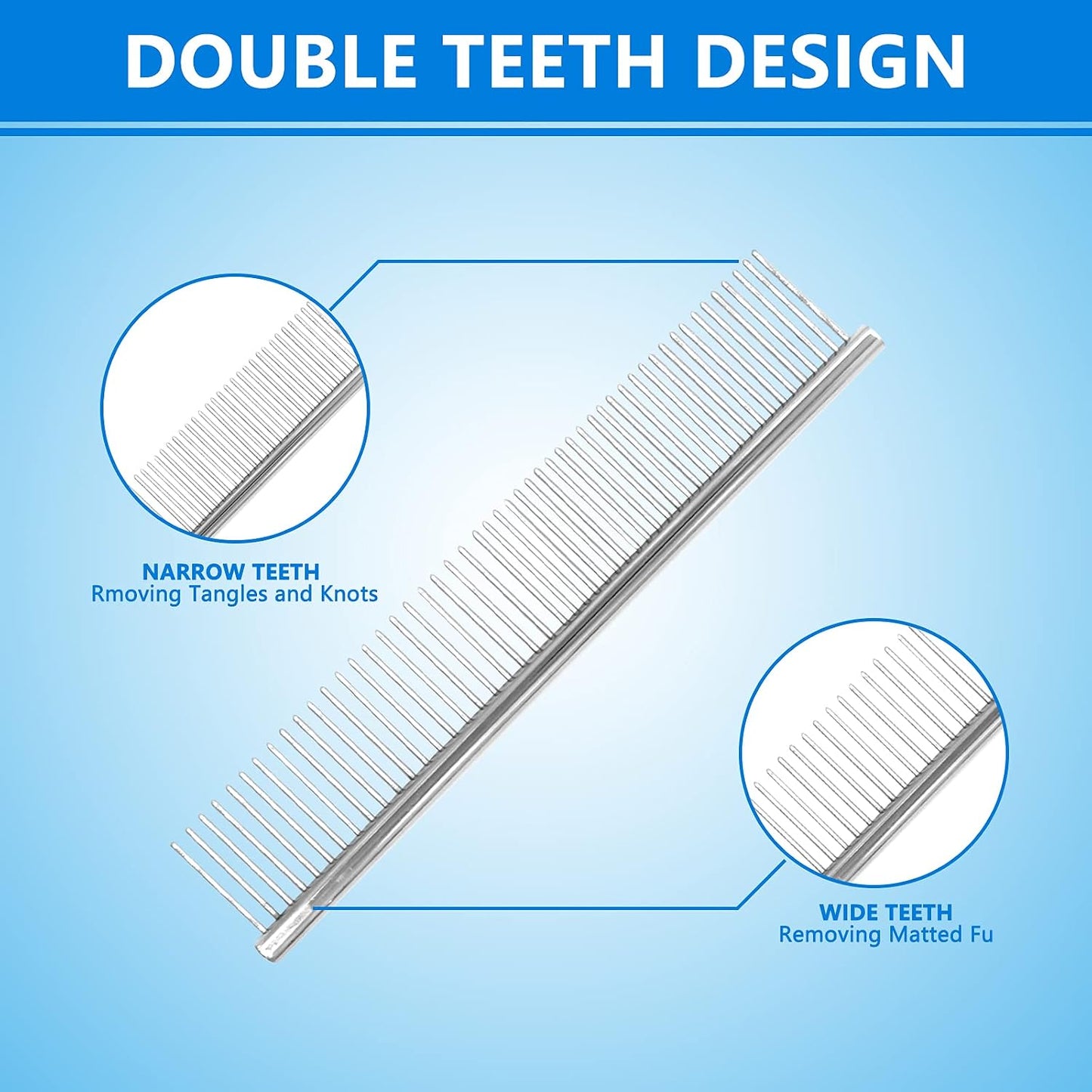 Close up of Sumcoo pet comb dual teeth spacing