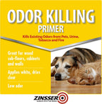 Zinsser water based interior primer can showcasing odor elimination details