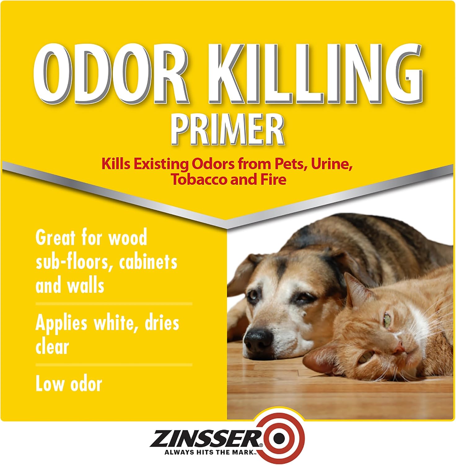 Zinsser water based interior primer can showcasing odor elimination details