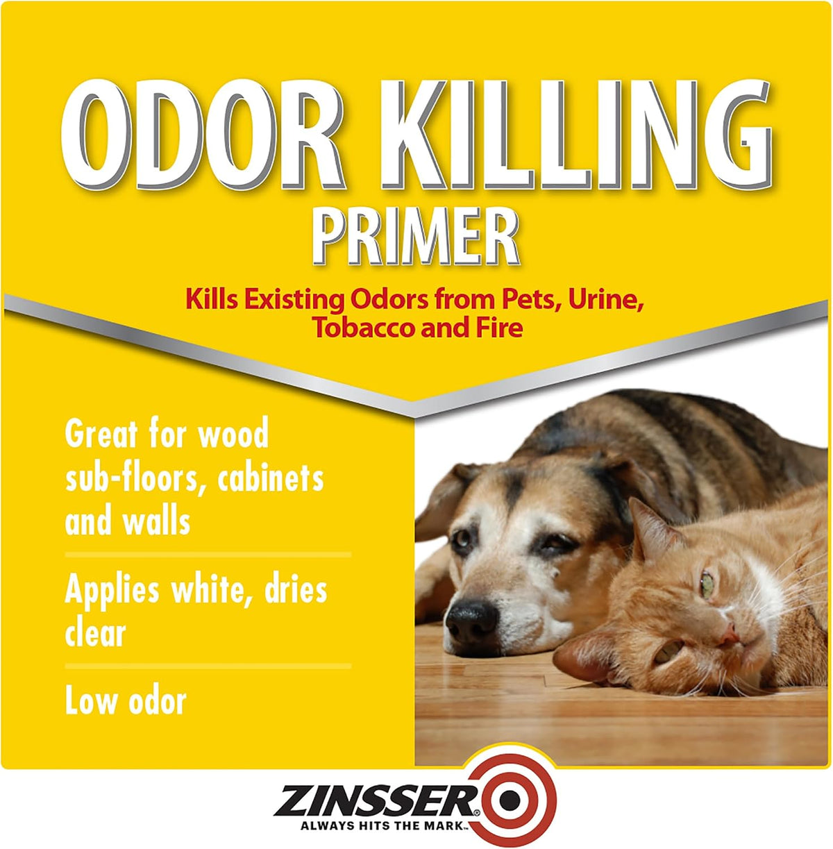 Zinsser water based interior primer can showcasing odor elimination details