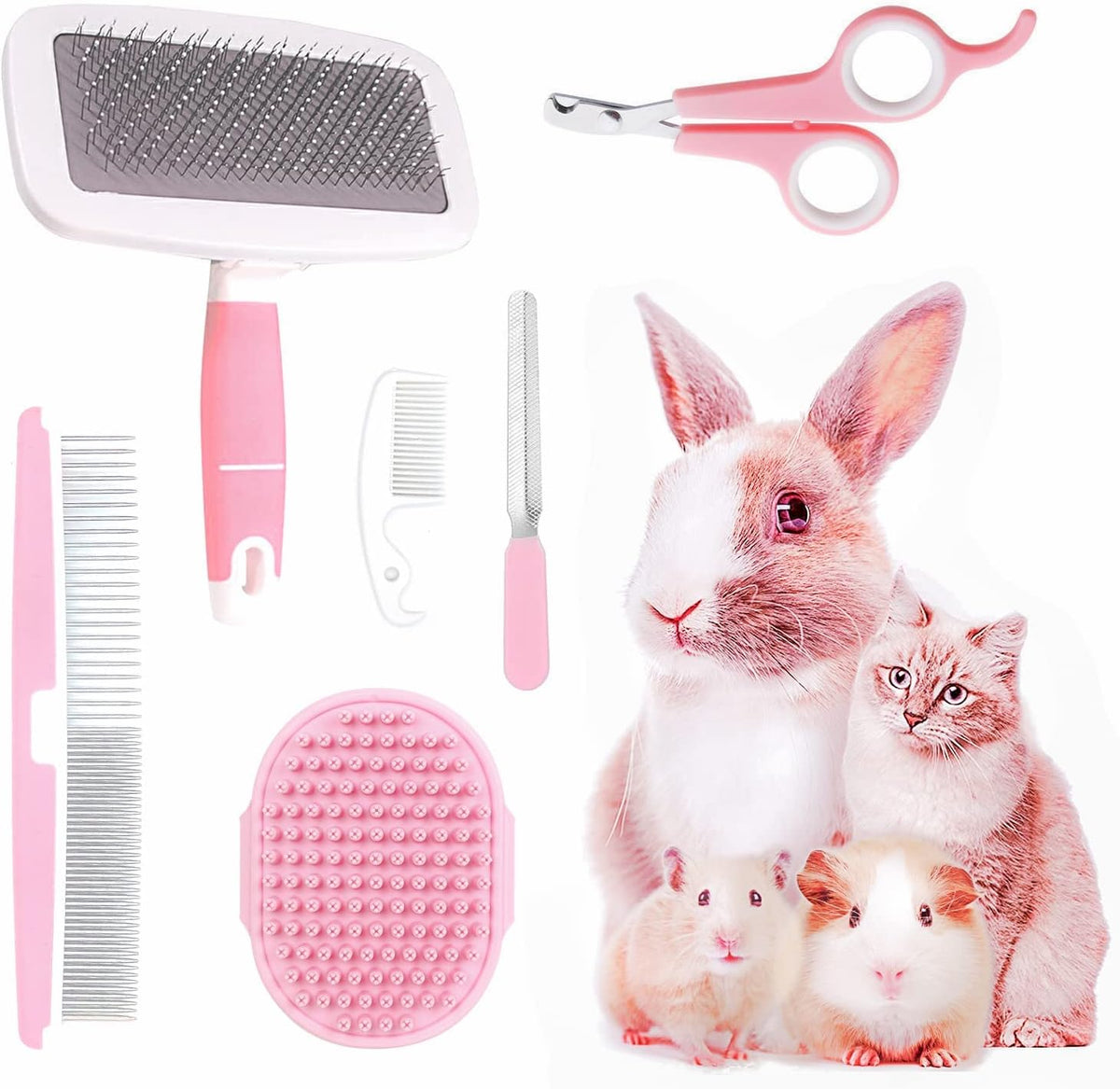 Crafterlife 6-Piece Small Animal Pet Grooming Kit front view showcasing the pink accessories.