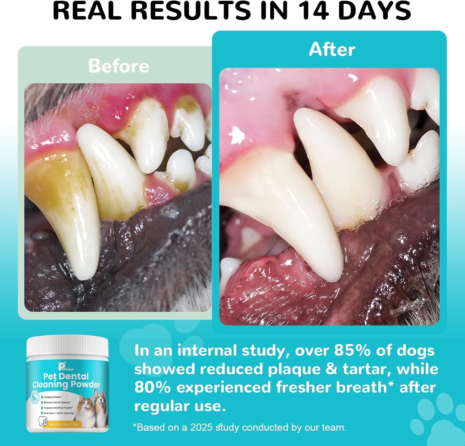 Petrivium premium dog breath freshener powder top view with scoop indicator.