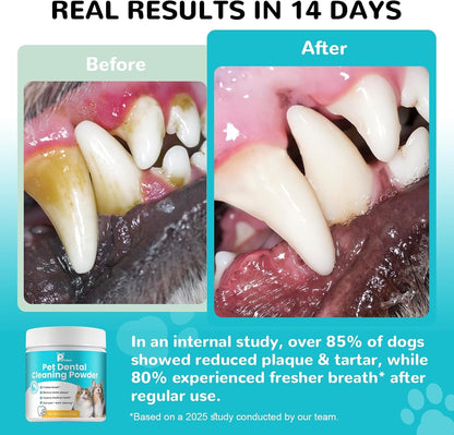 Petrivium premium dog breath freshener powder top view with scoop indicator.