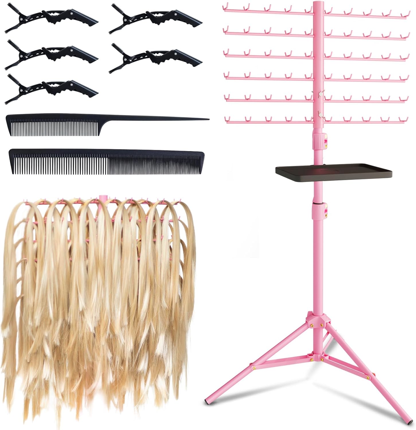 DUHARS standing metal 120 peg braiding hair rack in pink front view
