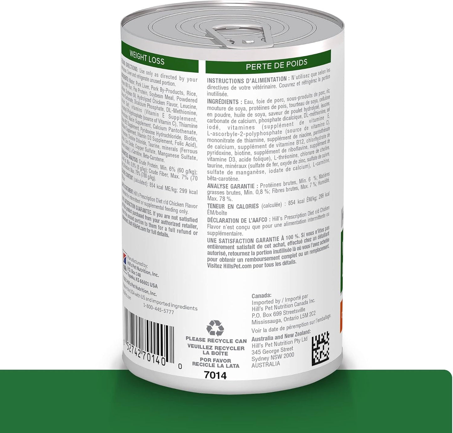 Hill's Prescription Diet weight loss chicken canned dog food nutrition label details