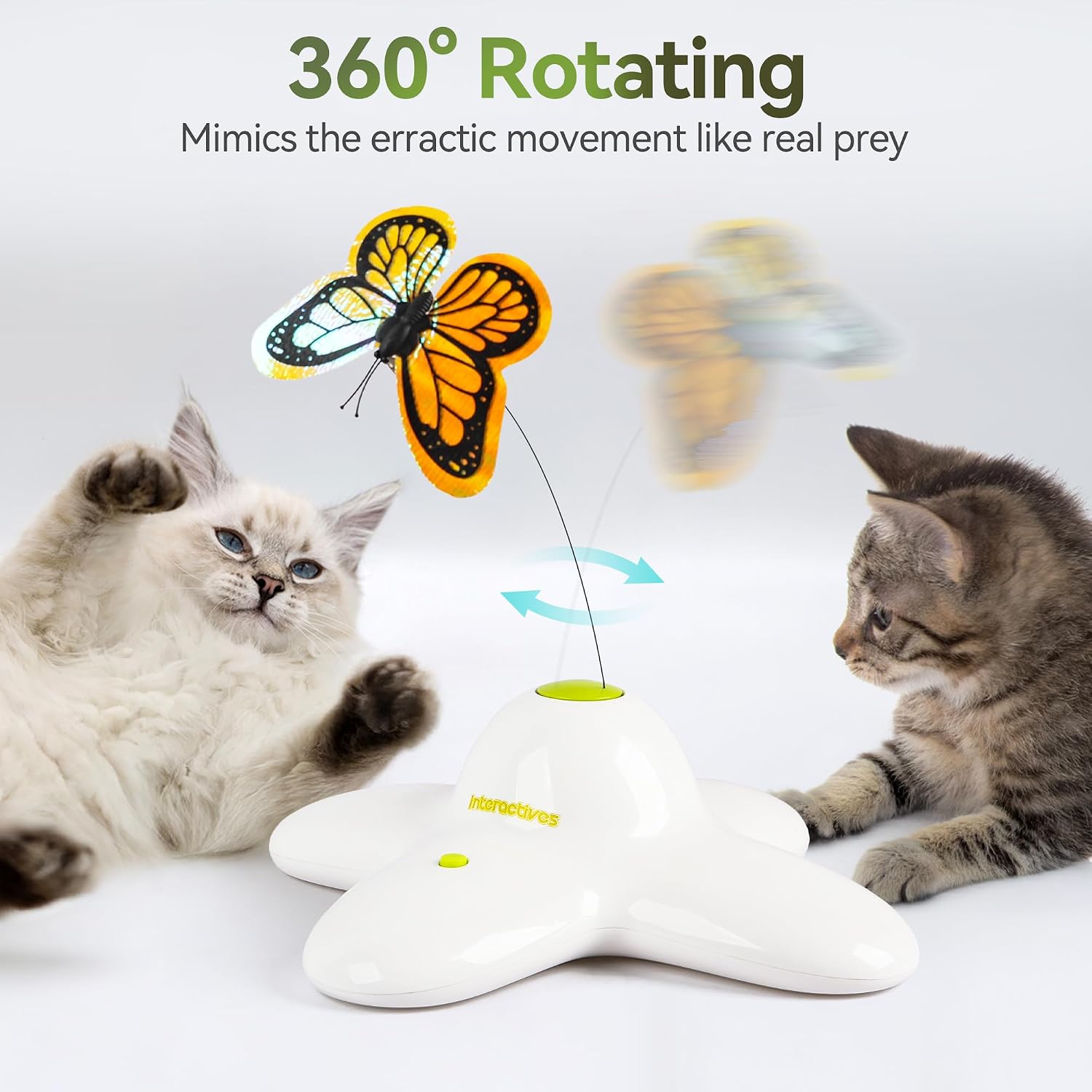 Close-up of the durable fabric butterfly on the All For Paws automatic pet toy.