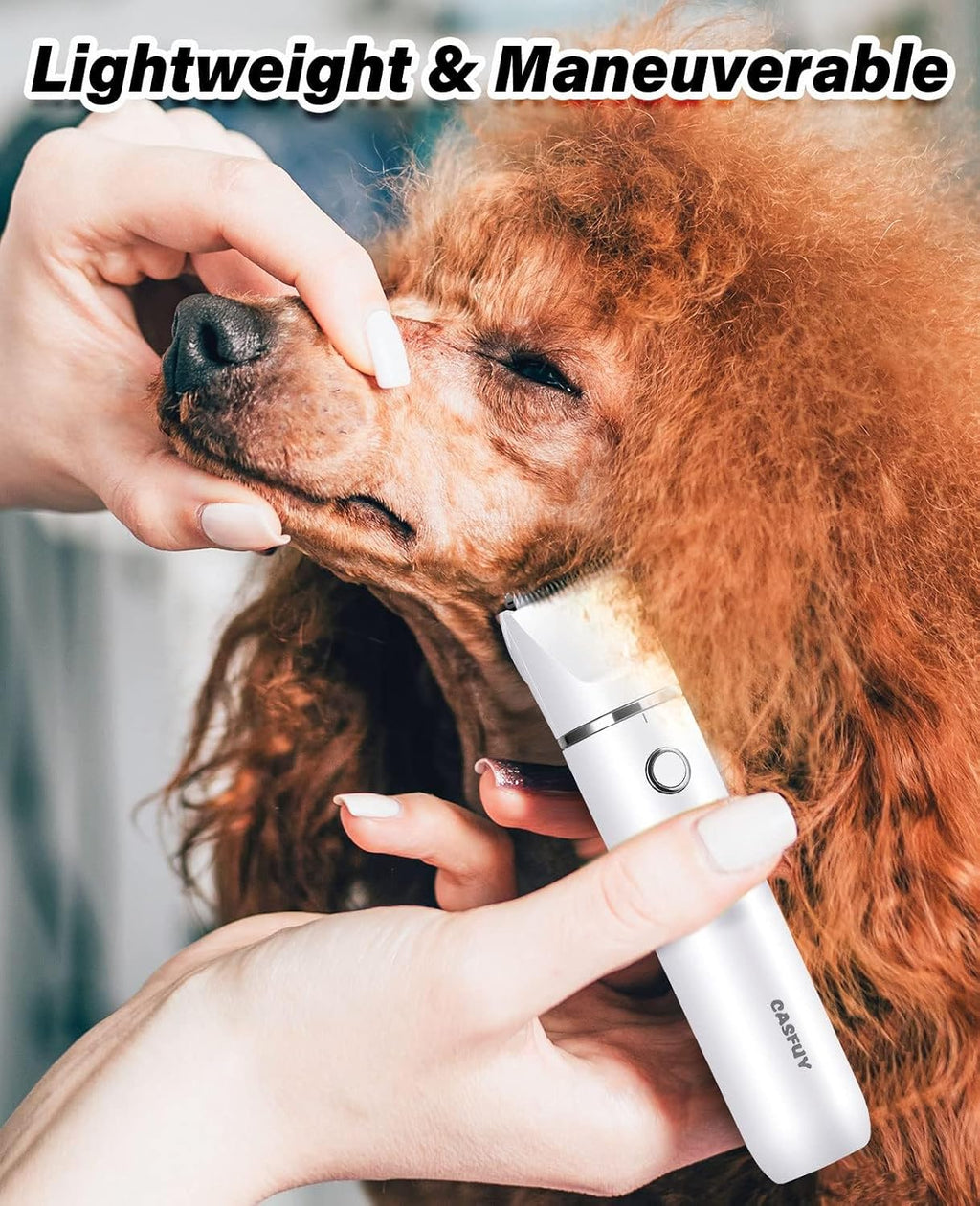 Casfuy cordless pet hair trimmer packaging details highlighting the low vibration components.