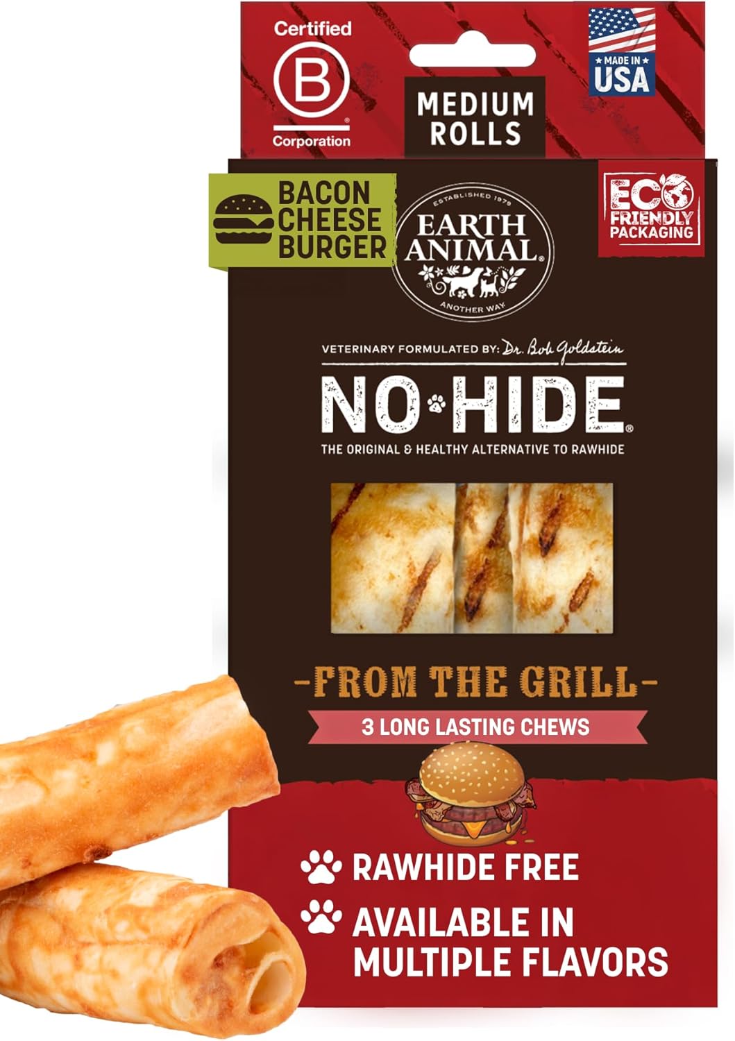 Earth Animal No Hide Chews - from the Grill Rolls Grilled Cheese Vegetarian Flavor Rawhide Free Medium Dog Chews - 3 Count - Image 14