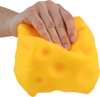 The Orb Factory Easy Sqweezy Super Cheesy toy front view showing realistic yellow Swiss cheese design