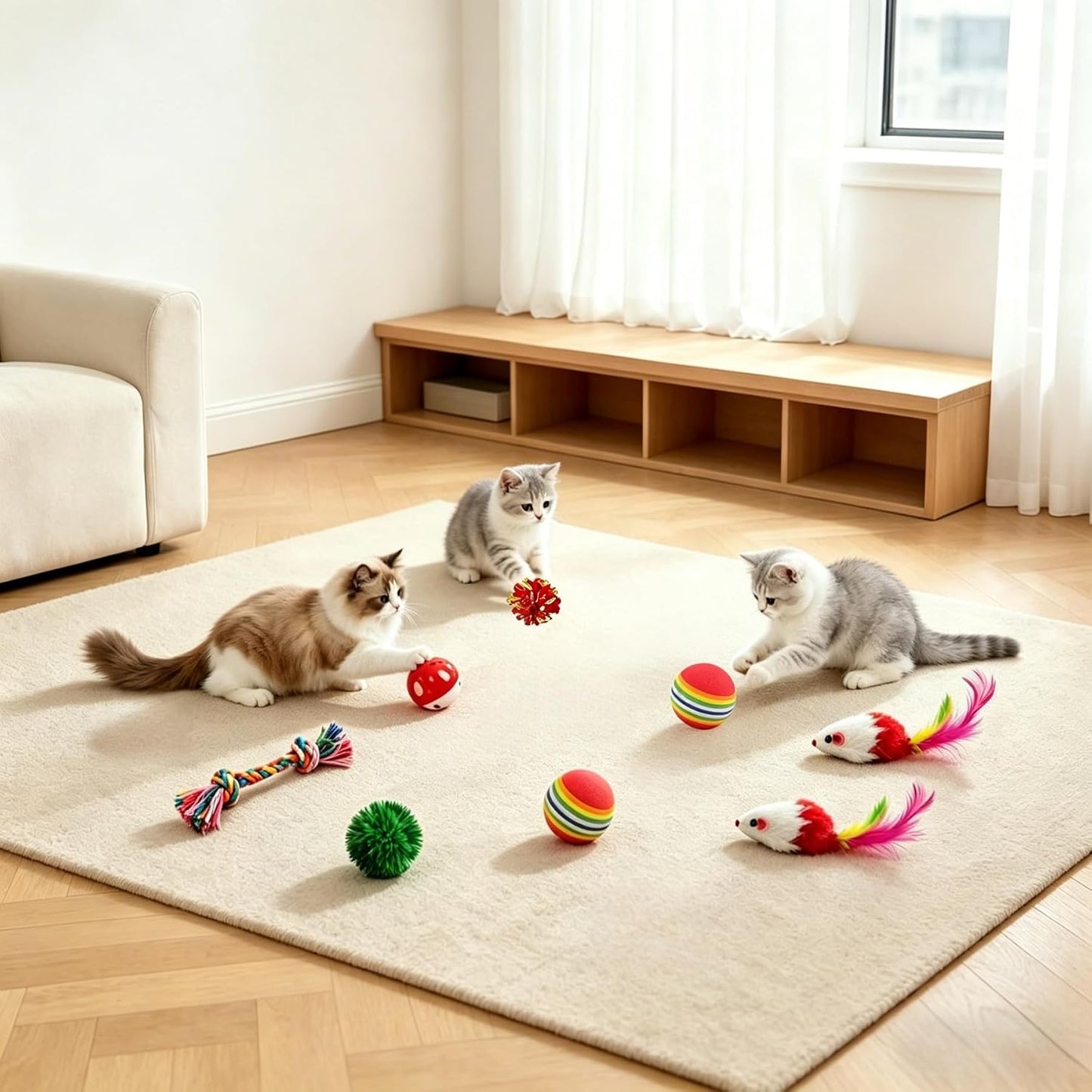 Safe kitten teething accessories and rope toys arranged cleanly.