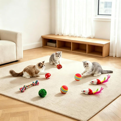 Safe kitten teething accessories and rope toys arranged cleanly.