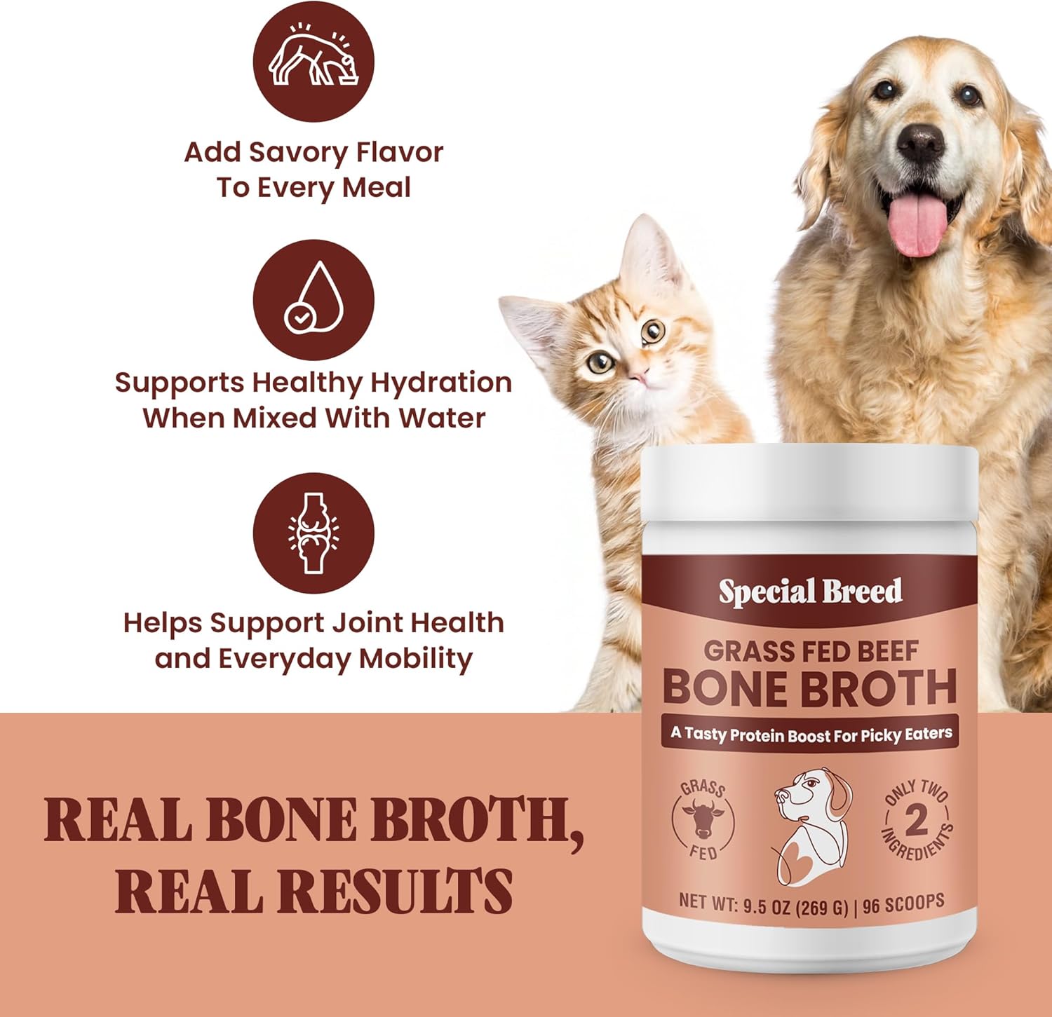 Grass fed beef bone broth powder pet supplement jar.