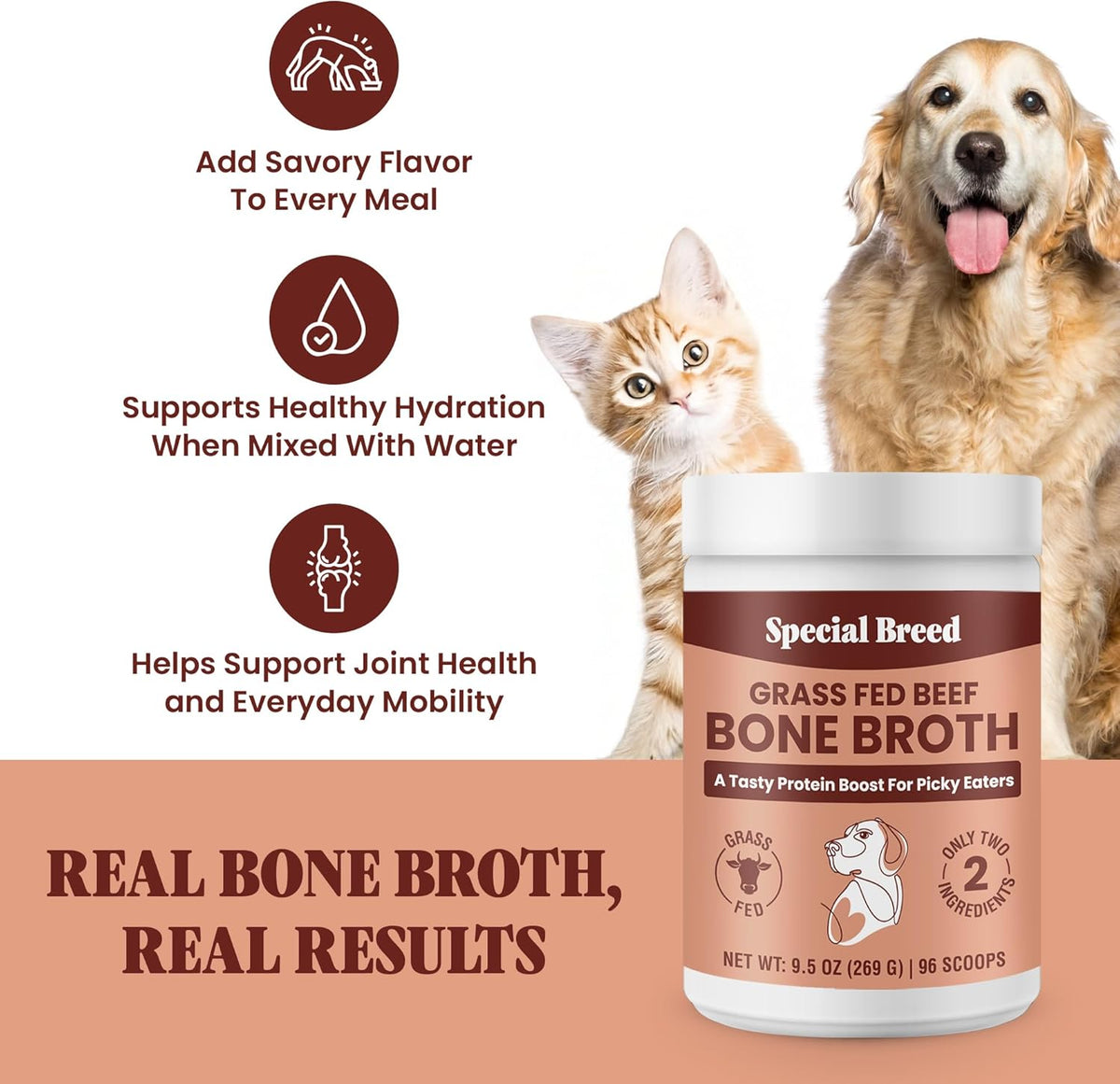 Grass fed beef bone broth powder pet supplement jar.