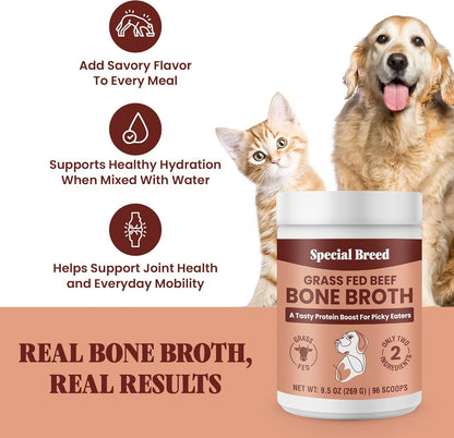 Grass fed beef bone broth powder pet supplement jar.