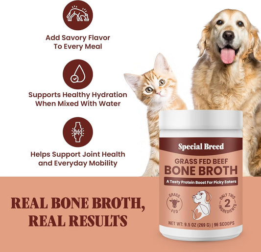 Grass fed beef bone broth powder pet supplement jar.