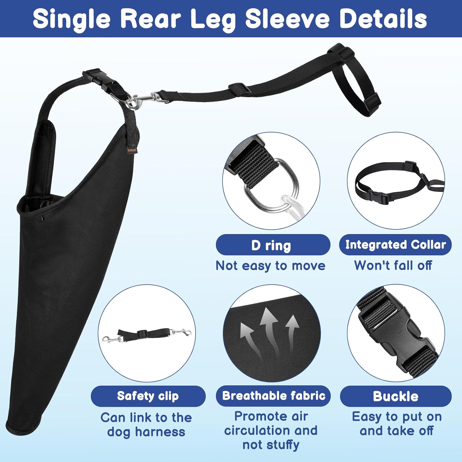 Adjustable neck and chest strap alignment on dog recovery suit for surgical wounds.