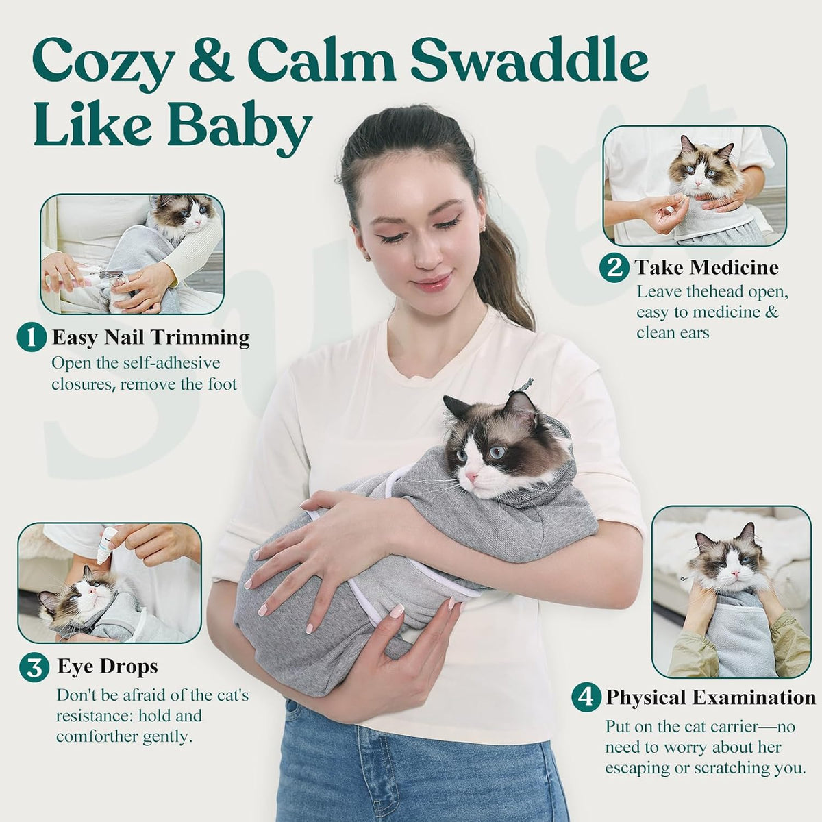 Cat secured in Supet grooming wrap grey medium