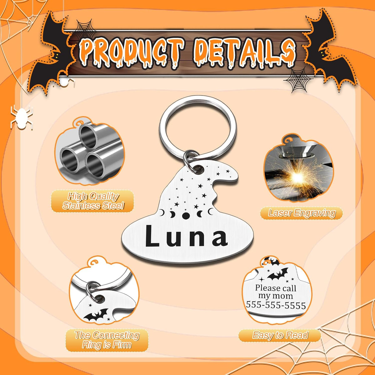 Lunar phase witch hat personalized pet identifier attached to a collar