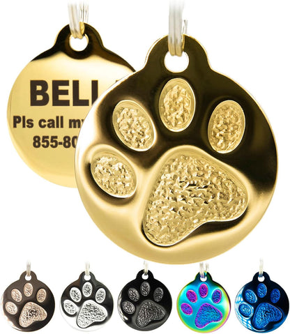PetANTastic personalized pet tag front view showing engraved paw print design