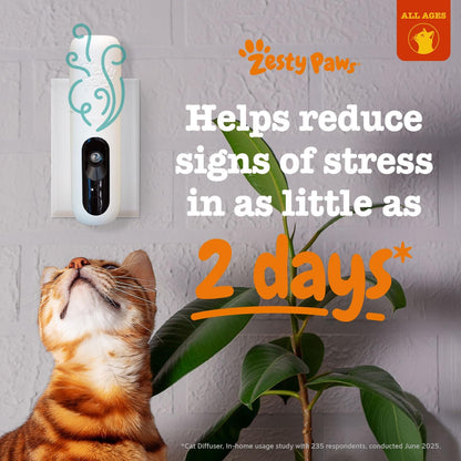 Zesty Paws cat anxiety relief pheromone diffuser kit packaging details.