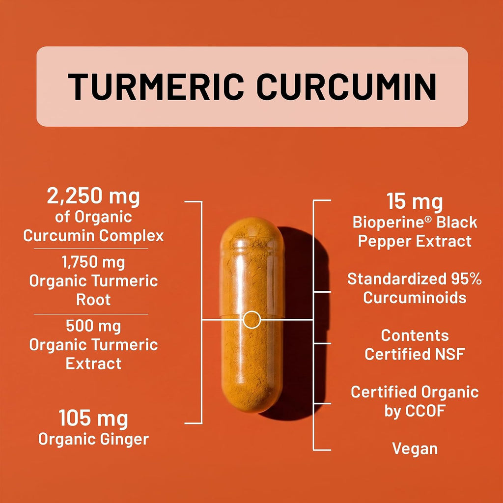 Side profile of NatureWise turmeric curcumin bottle displaying detailed supplement facts and dosage