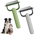 TWSURE dual action pet undercoat rake placed next to grooming supplies on a clean background