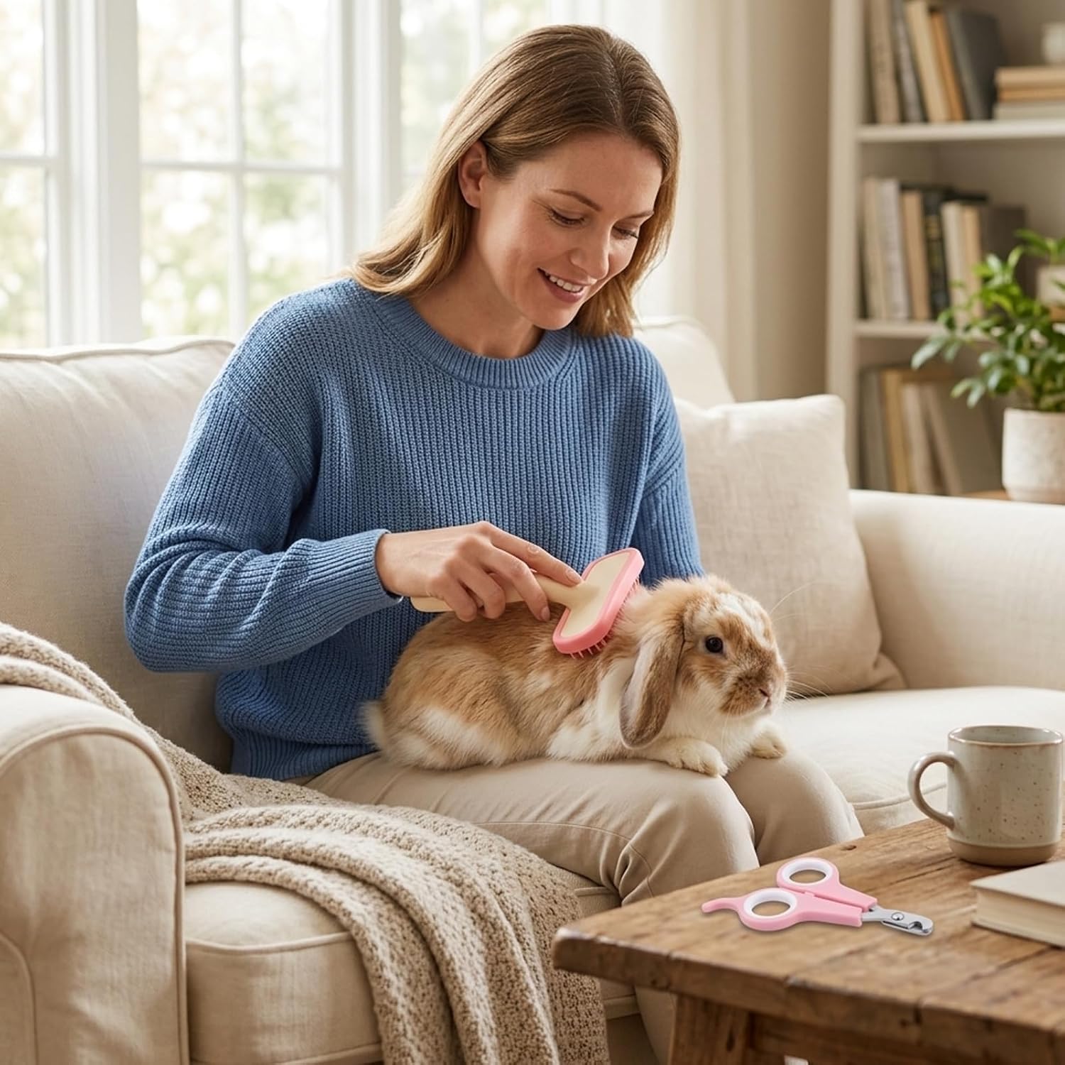 Yuanan pink bunny grooming set highlighting the soft rounded silicone brush bristles