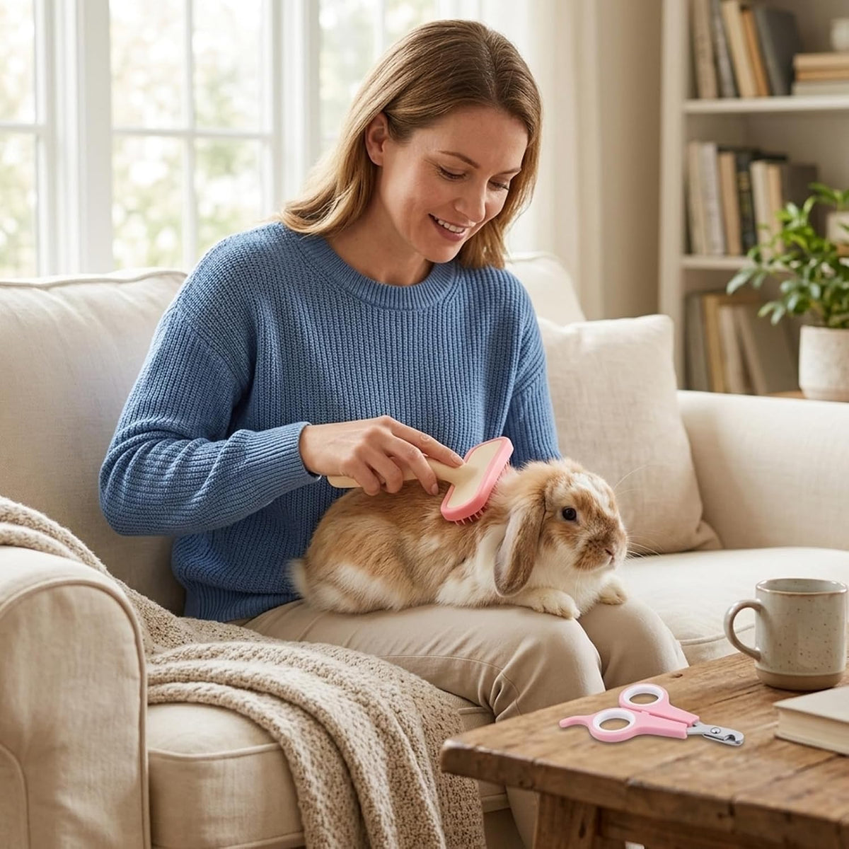 Yuanan pink bunny grooming set highlighting the soft rounded silicone brush bristles