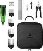 Andis professional pet grooming kit with detachable blades and storage case displayed.