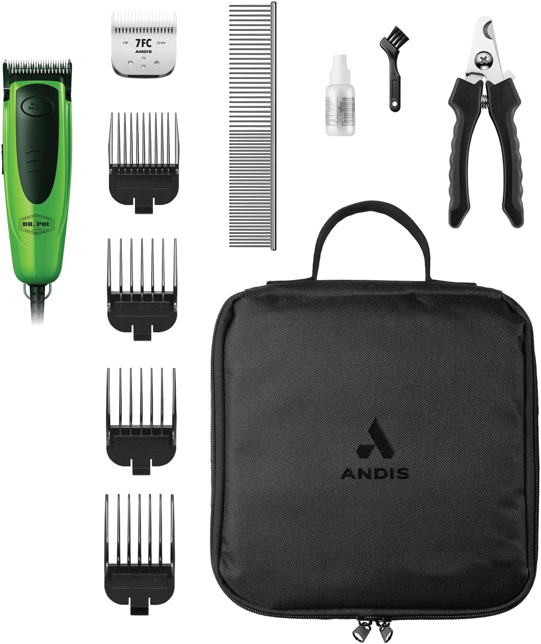 Andis professional pet grooming kit with detachable blades and storage case displayed.