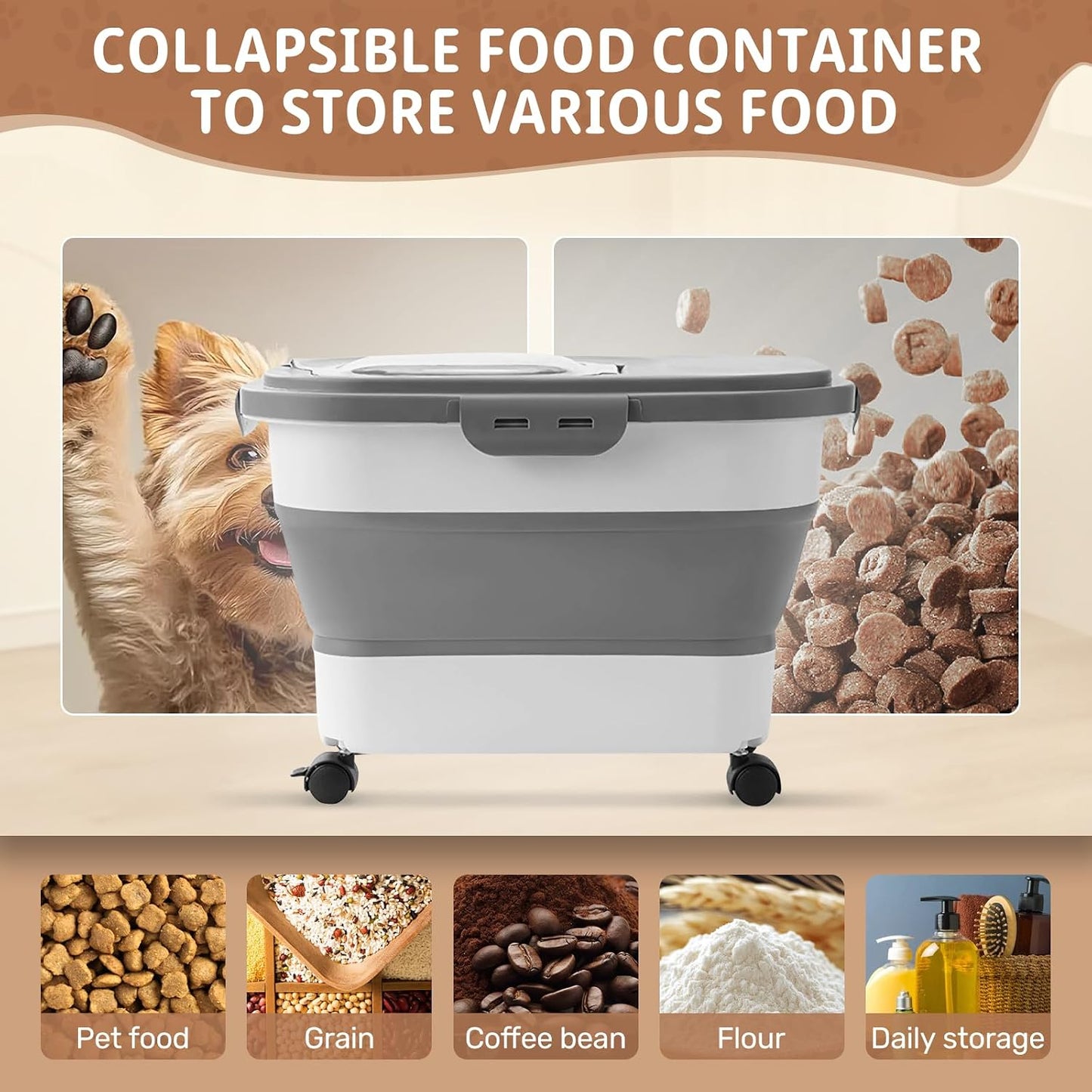 Sewiu pet food container showing collapsible side design
