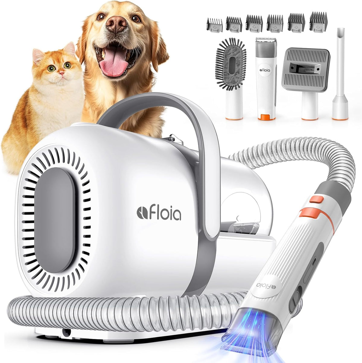 Kakipi pet grooming vacuum kit front view with integrated white vacuum unit and grey handle