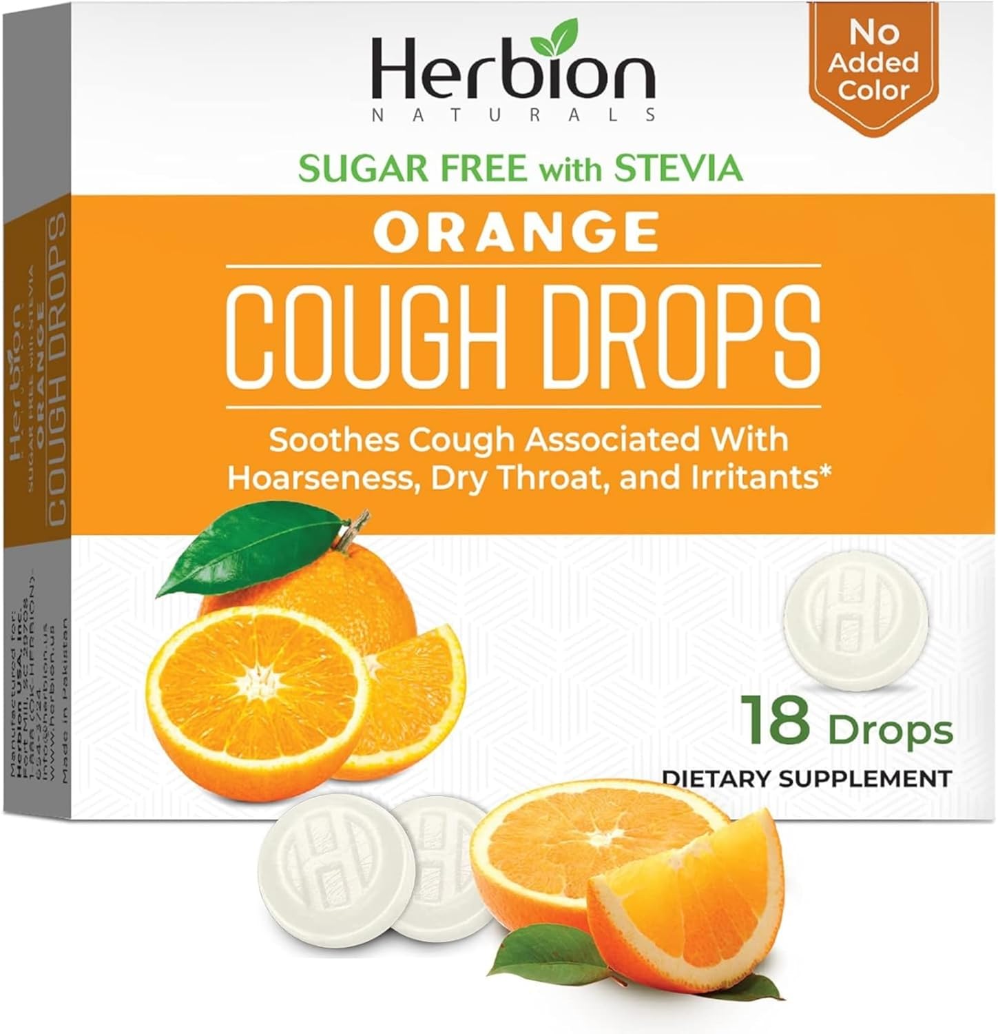 Herbion Naturals Cough Drops Sugar Free Orange front view packaging for herbal respiratory relief.