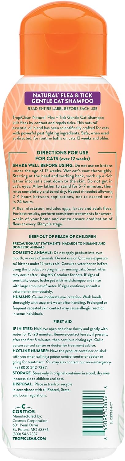 TropiClean natural flea and tick cat shampoo active ingredients label