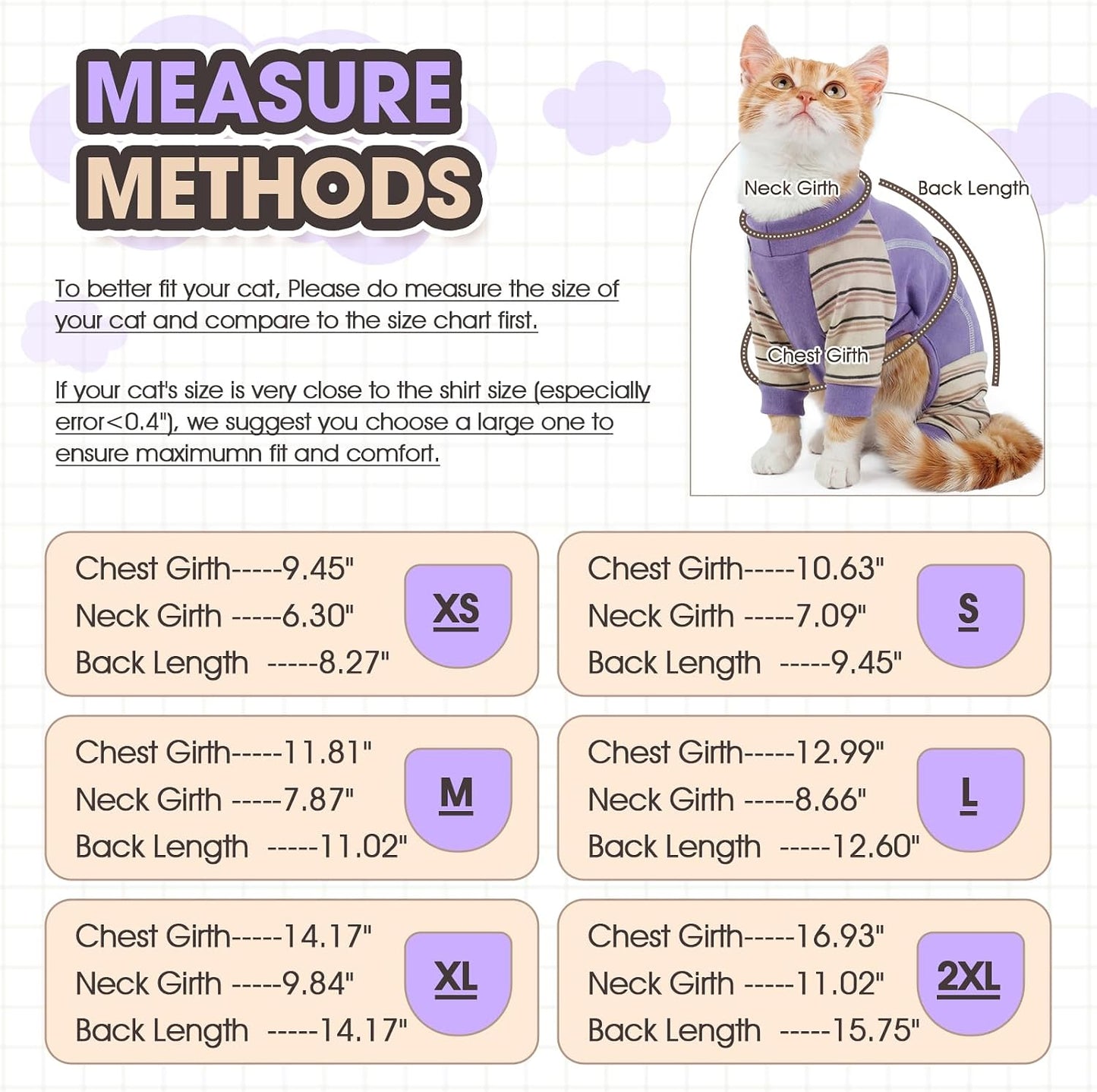 Side view of Sphynx cat in purple recovery suit