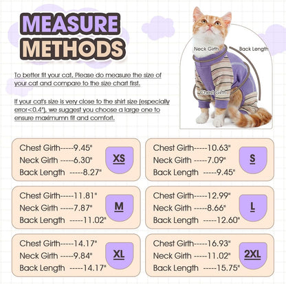 Side view of Sphynx cat in purple recovery suit