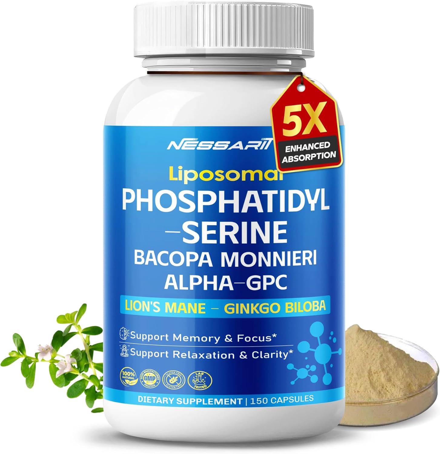 NESSARIT Phosphatidylserine and Bacopa Complex 150 capsules bottle front view showing authentic cognitive support supplement packaging