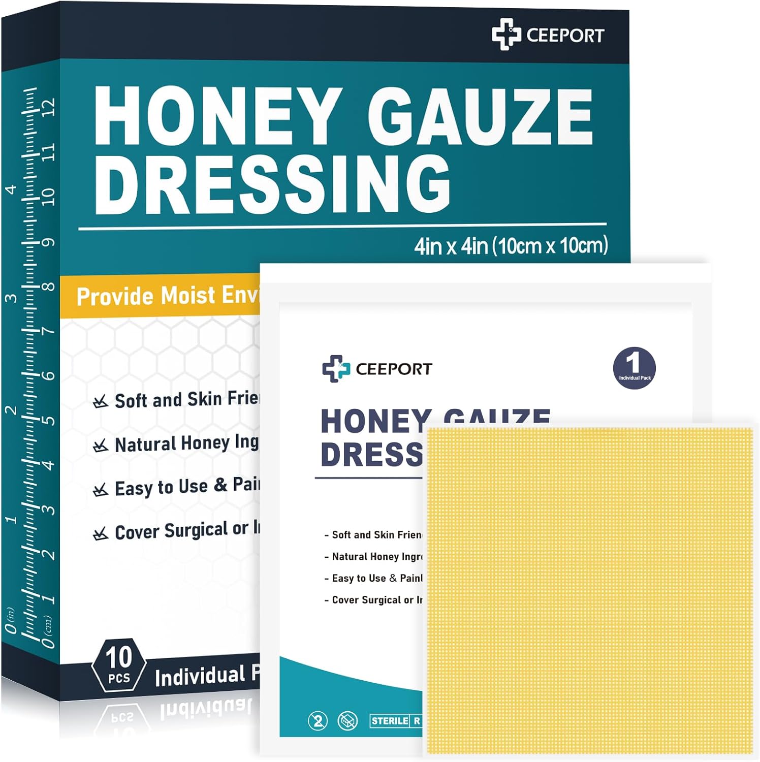 Ceeport Honey Gauze Wound Dressing front view of the packaging box showing the ten pack product details.