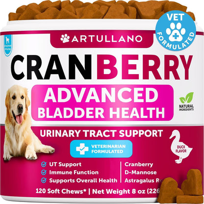 Artullano Cranberry Advanced Bladder Health soft chews front view for dog urinary tract support.