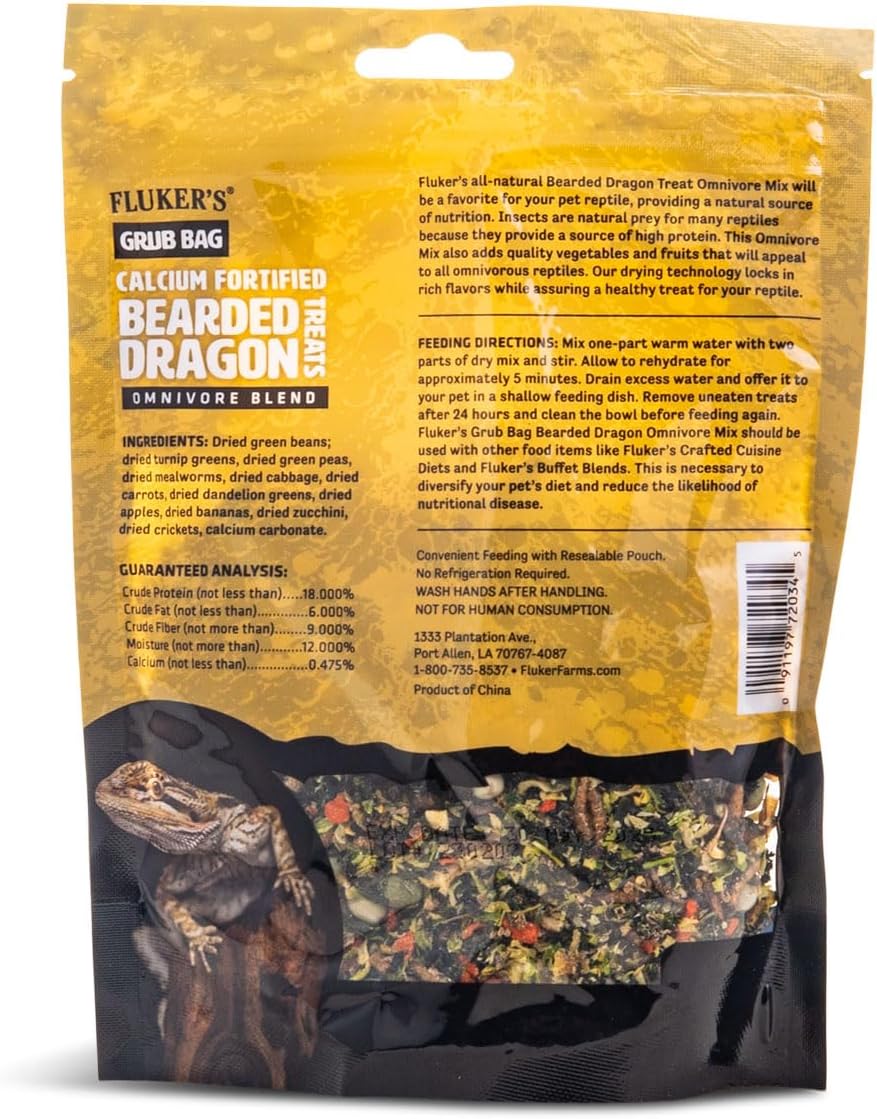 Calcium fortified bearded dragon treats with insects and fruits