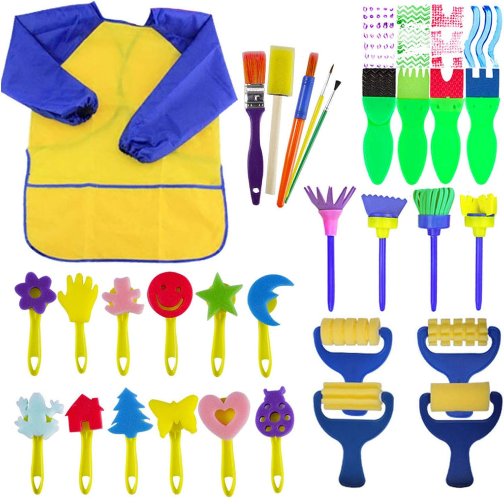 EVNEED Paint Sponges for Kids twenty nine piece set front view showing assorted foam brushes and yellow art apron.