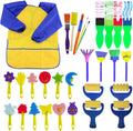 EVNEED Paint Sponges for Kids twenty nine piece set front view showing assorted foam brushes and yellow art apron.