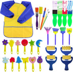 EVNEED Paint Sponges for Kids twenty nine piece set front view showing assorted foam brushes and yellow art apron.