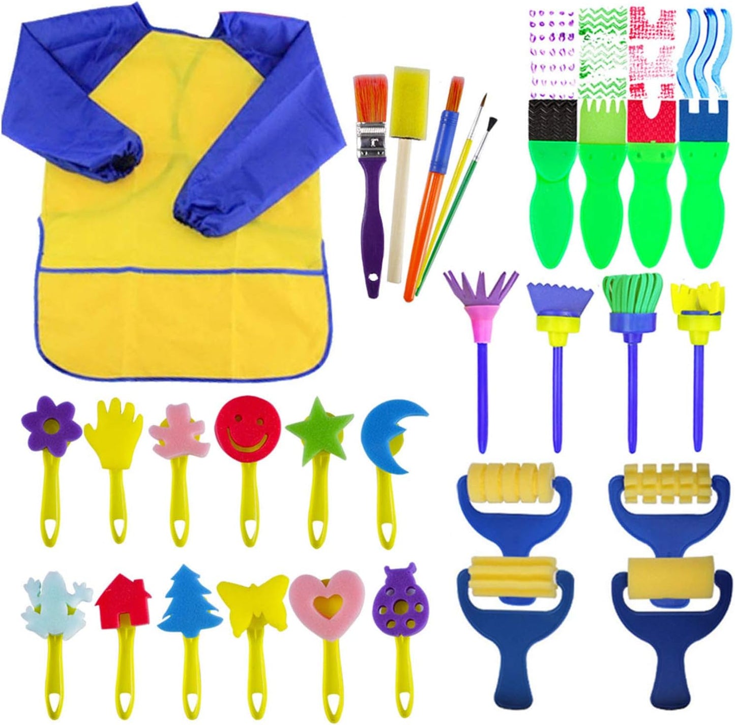 EVNEED Paint Sponges for Kids twenty nine piece set front view showing assorted foam brushes and yellow art apron.