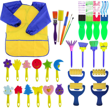 EVNEED Paint Sponges for Kids twenty nine piece set front view showing assorted foam brushes and yellow art apron.