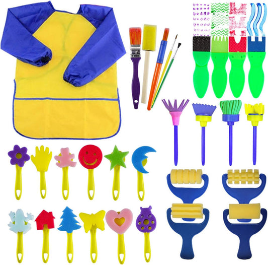 EVNEED Paint Sponges for Kids twenty nine piece set front view showing assorted foam brushes and yellow art apron.